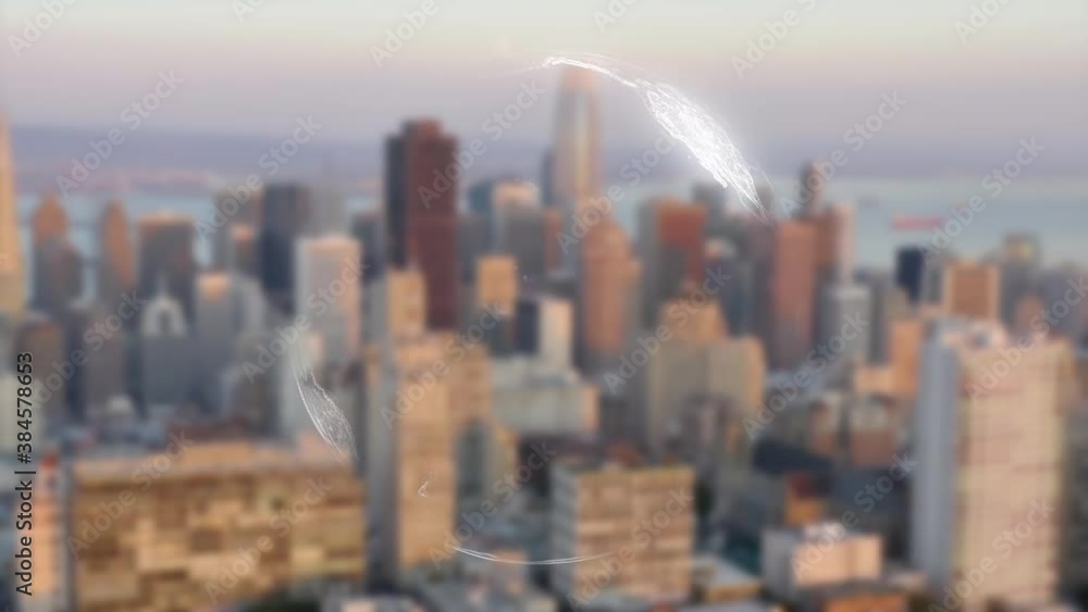 Poster white earth map sphere roll on city background - 3d motion graphics animation - global world connect
