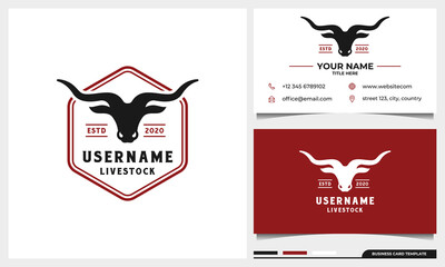 livestock logo design with head of bull cattle and business card template