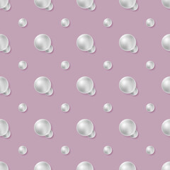 Seamless pattern with white realistic sea pearls on pink background. 3D shiny orbs and shadow. Vector illustration for jewel, beauty, wedding, natural design, fabric, wrapping, wallpaper print.