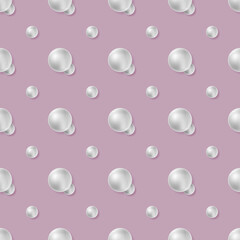 Seamless pattern with white realistic sea pearls on pink background. 3D shiny orbs and shadow. Vector illustration for jewel, beauty, wedding, natural design, fabric, wrapping, wallpaper print.