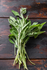 Organic sage on dark old wooden table side view.