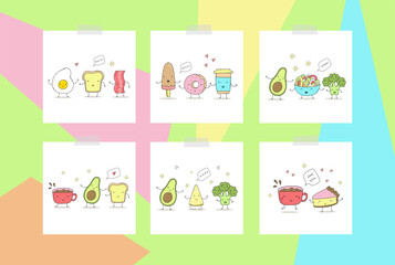 Cute hand drawn set with Funny Cartoon food. Vector kawaii food. avocado, broccoli.