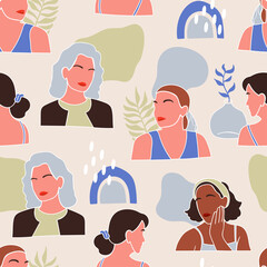 Seamless pattern with abstract women portrait. Hand drawn vector illustration