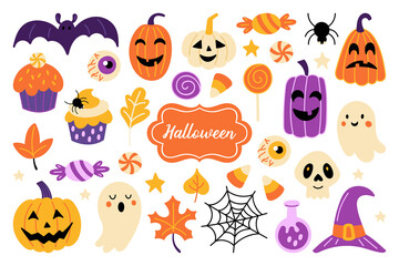 Halloween holiday cute element set. Childish print for card, stickers, party invitations and apparel. Vector Illustration