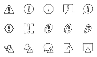 Warnings Vector Line Icons Set. Alert, Attention Sign, Exclamation Mark. Editable Stroke. Pixel Perfect. - obrazy, fototapety, plakaty