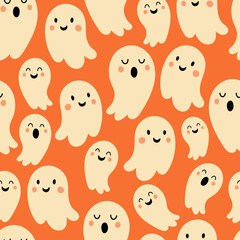 Seamless pattern for Halloween holiday with cute ghost. Childish background for fabric, wrapping paper, textile, wallpaper and apparel. Vector Illustration