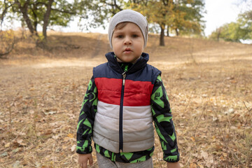 Little three years old boy outdoors portrait. Toddler boy walking in a park. Cute boy in fleece...
