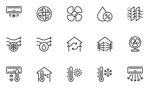 Set of Air Conditioning Vector Line Icons. Air Cooling, Fan, Humidity, Air Circulation, Ventilation. Editable Stroke. 48x48 Pixel Perfect.