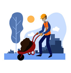 illustration of a project worker transporting sand by a sandbar