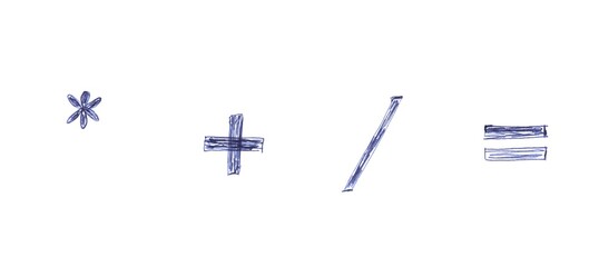 Punctuation marks, hand-drawn in blue ballpoint pen. Set of letters, alphabet. A unique font.