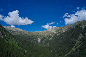 Fototapeta premium Panorama of beautiful countryside of Italy. Mountainous countryside at high noon. beautiful rural scenery with trees and fields on the rolling hills at the foot of the ridge.