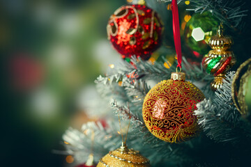 Christmas Tree with colourful Baubles and Decorations. Festive Christmas or New Year concept with...