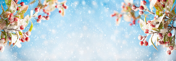 Christmas or winter background with snowy red berry branches. Nature landscape with copy space