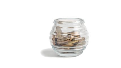 Thai coins in a glass bowl. on a white background and clipping path.