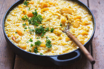 Pumpkin and sweet corn risotto with ricotta, parmesan and parsley