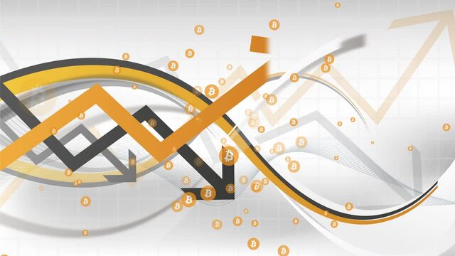 Dynamic animation with bitcoin symbol in metric style with trend arrows in grey and orange colours