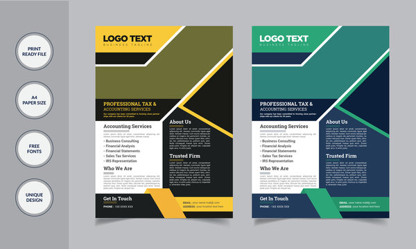 Business Accountants Flyer Template
2 Color Versions 
Full Vector Eps file
Easy Customization and Editable
Size: A4 (210X297)
300 DPI resolutions