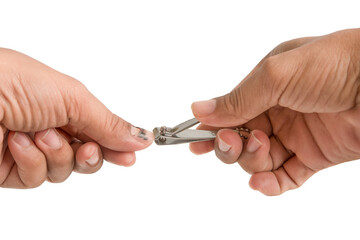 The hand that is cutting rotten  nails isolated on white background.