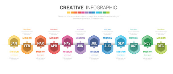Timeline business for 12 months, 1 year, Timeline infographics design vector and Presentation business can be used for Business concept with 12 options, steps or processes. 