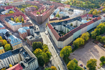 Aerial view of beautiful colorful old buildings in Helsinki, Finland. Fall color trees and sunshine.