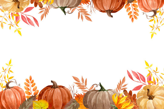 Watercolor autumn frame with pumpkins, leaves, sunflowers. Hand drawn autumn border for postcards, invitation designs