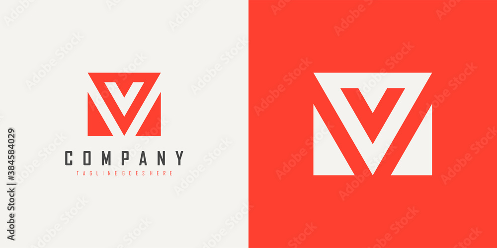 Poster abstract initial letter v and m linked logo. red geometric shape origami style isolated on double ba