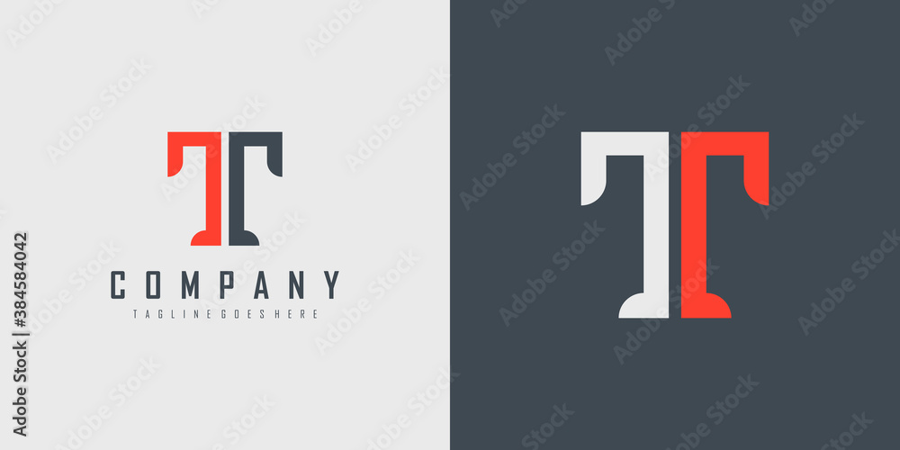 Poster simple initial letter t logo. red and blue geometric line shape people style isolated on double back