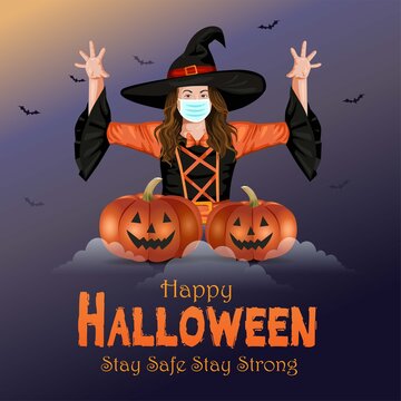 Happy Halloween. Cute little girl witch with a pumpkin on night background. vector illustration. covid corona concept.