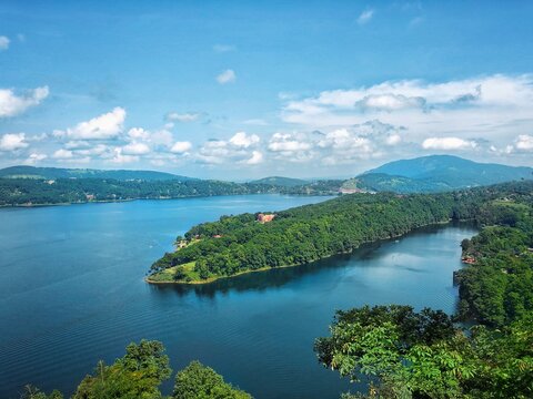 Umiam Lake, Shillong, Meghalaya, India- October 2019: View of Lum Nehru Park in Umiam lake. Lake was created by damming the Umiam River in the early 1960s.