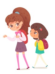 School kids going to study. Happy girls or sisters walking and talking. Learning and primary education vector illustration. Cute schoolchildren with backpacks