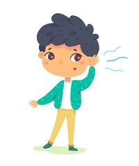 Boy listening to sound. Sense of hearing vector illustration. Small happy child listening and standing in street, holding hand to ear. Joyful cute smiling kid at childhood