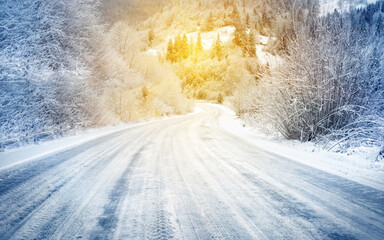 Winter snowy road in mountains