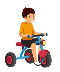 Happy child on bycicle. Small boy sitting on transport vehicle. Childhood vector illustration. Smiling person isolated on white background. Joy and fun on holiday or weekend