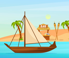 Maritime ships at sea, small boat with sails about Tiki bar with signboard on tropical beach. Water transportation tourism transport vector