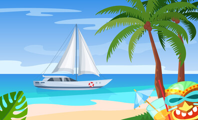 Fototapeta na wymiar Maritime ships at sea, sailing yacht near tropical beach with palm. Water transportation tourism transport cartoon vector