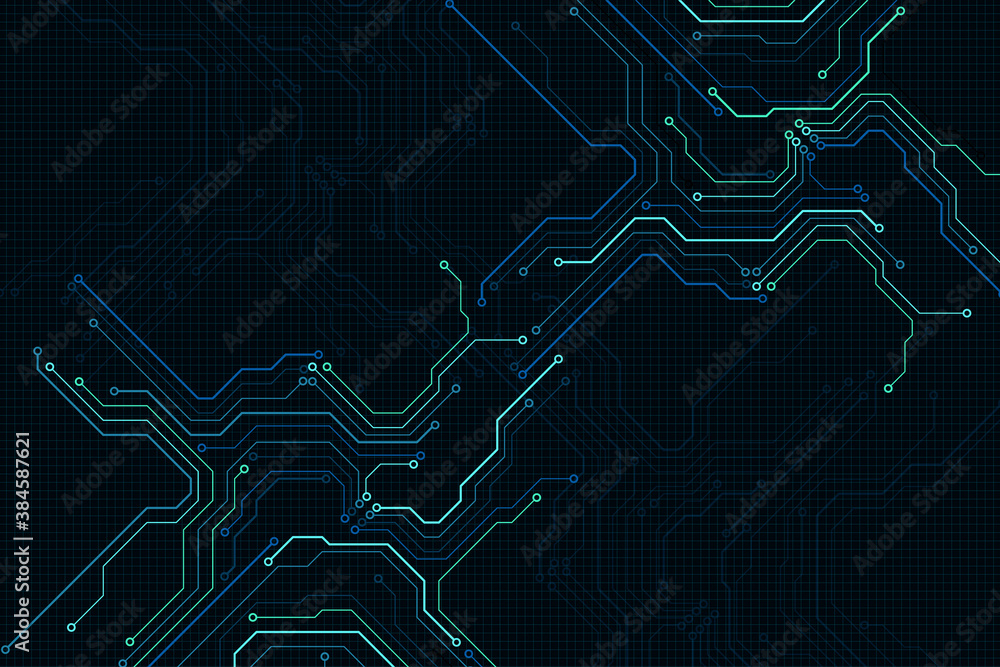 Poster Circuit Board Modern Color Theme Digital Technology Vector Background. PCB Trace Scheme Data System Illustration Abstract Design