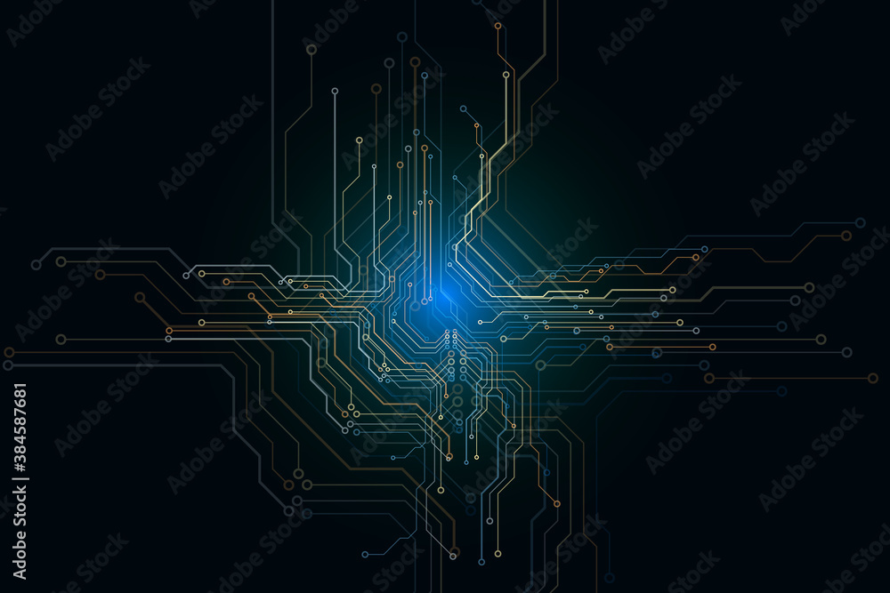 Poster Circuit Board Modern Color Theme Digital Technology Vector Background. PCB Trace Scheme Data System Illustration Abstract Design.