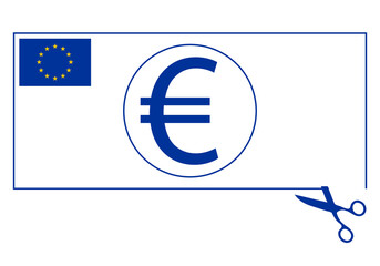 Billete de euro con fondo de bandera UE sufriendo recortes