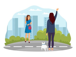 Social distance greeting with friend. Avoid virus spreading, corona virus prevention vector illustration. Woman walking with dog waving to girl in distance. City background