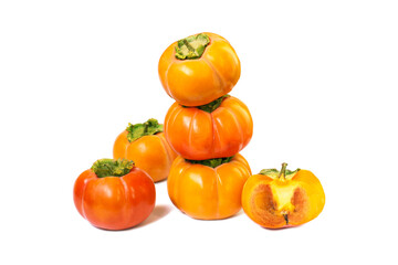 Diospyros kaki wholes and half. Persimmon fruits isolated on white background