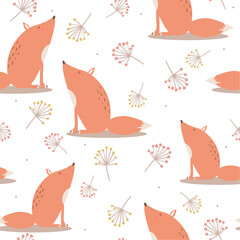 Colorful seamless pattern with foxes, flowers. Decorative cute wallpaper, good for printing. Overlapping background vector. Backdrop with animals