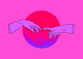 Hands going to touch together, look like the Michelangelo's art work. Cyberpunk and vaporwave style collage.
