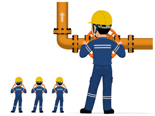 Isolated industrial worker is operate valve on white background.