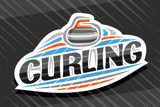 Vector logo for Curling Sport, white modern emblem with illustration of sliding stone in target, unique lettering for black word curling, sports sign with decorative flourishes and trendy line art.