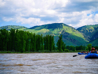 on the Snake River through the Grand Tetons National Park Wyoming USA