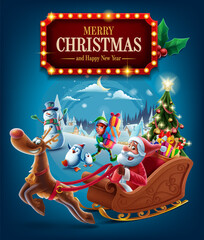 merry christmas with santa claus on sleigh - 384590242