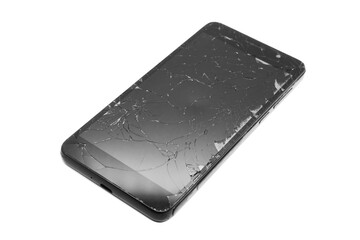 Broken display on a black smartphone isolated on a white background.