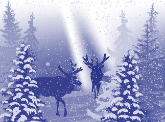 Obraz na płótnie Canvas two dark blue deers in winter forest under snow