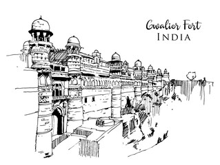 Drawing sketch illustration of Gwalior Fort in Madhya Pradesh, India
