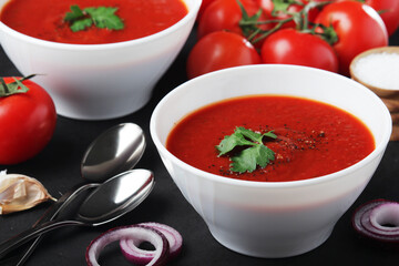 Two plates with gazpacho - traditional Spanish tomato soup